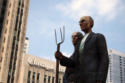 American Gothic Statues and Tribune Tower